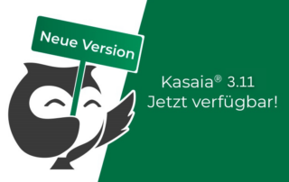 Kasaia-Eule hält Schild mit der Aufschrift "Neue Version" hoch, daneben Text "Kasaia 3.11 jetzt verfügbar"